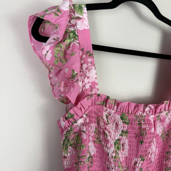 August Sky Women’s Smocked Midi Dress Pink Floral Tiered Ruffle Sleeveless L - Picture 4 of 10